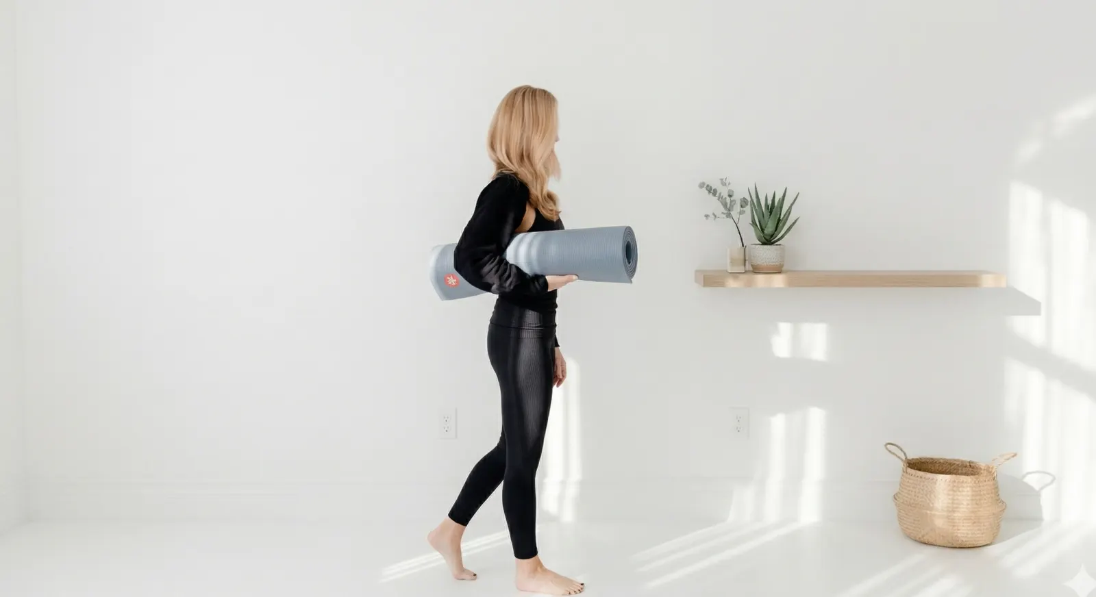 Walking into the studio with a yoga mat at Sumit's Hot Yoga KC