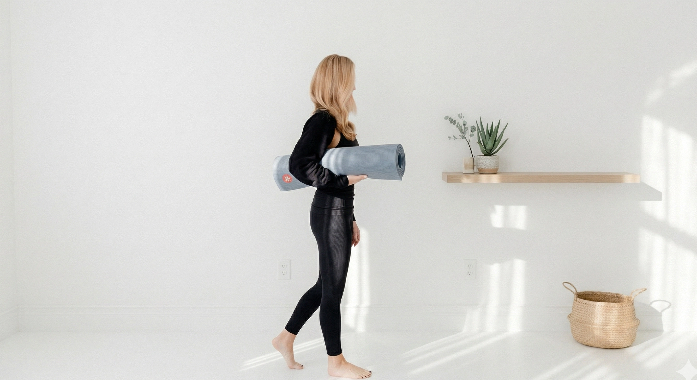 Walking into the studio with a yoga mat at Sumit's Hot Yoga KC